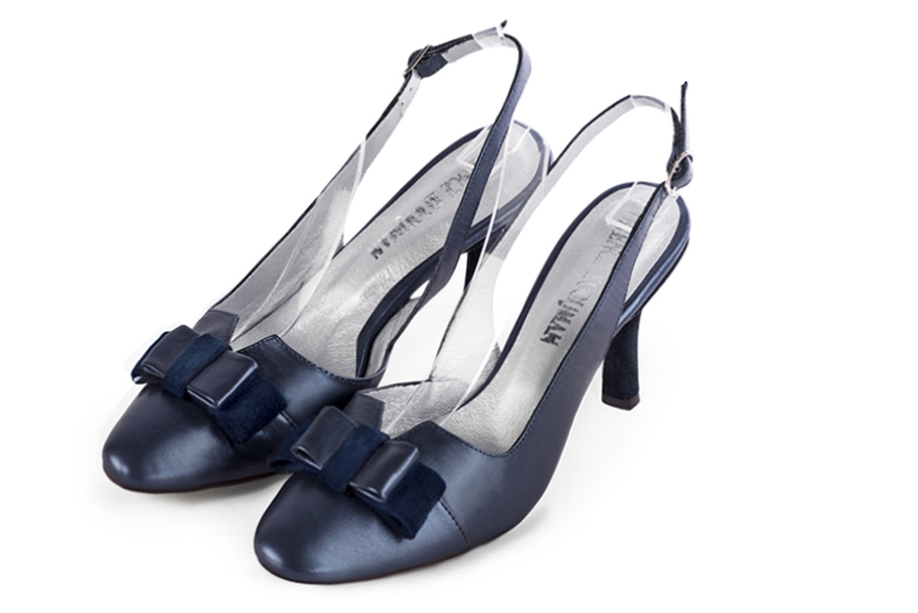 Prussian blue women's open back shoes, with a knot. Round toe. High slim heel. Front view - Florence KOOIJMAN